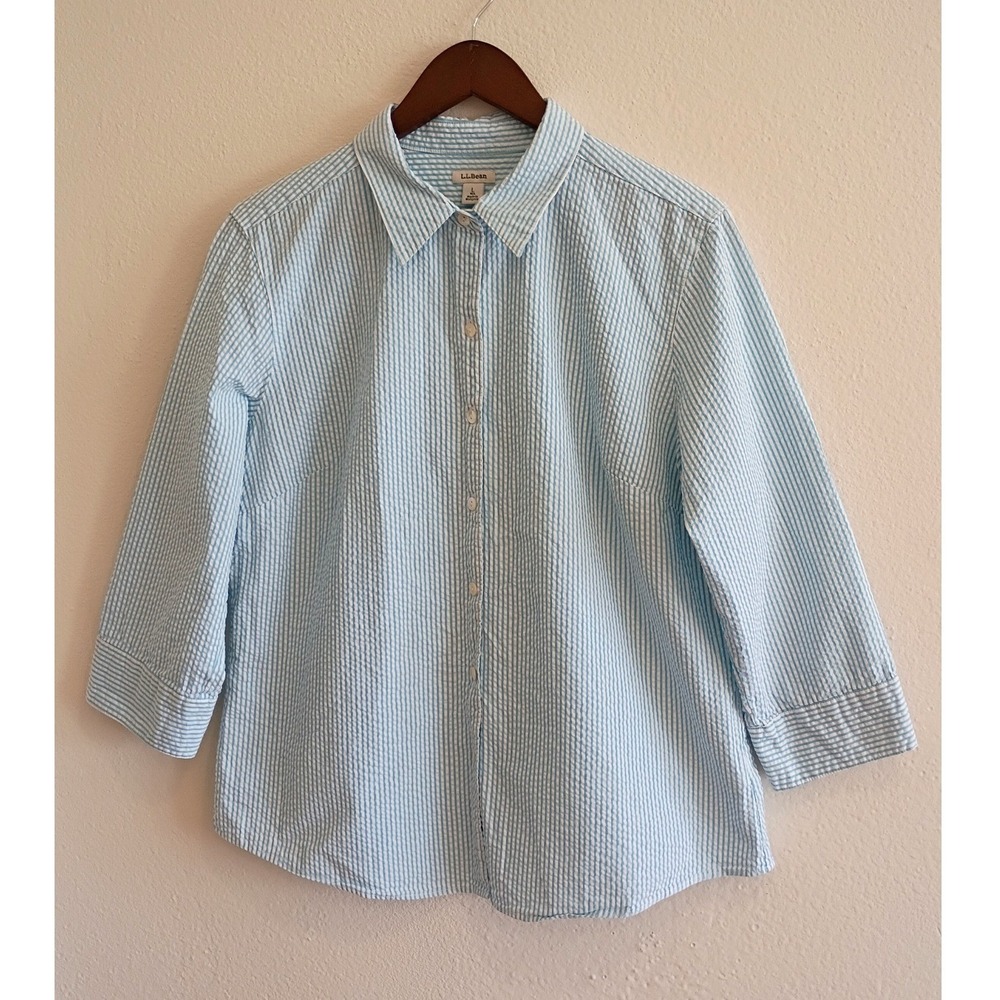 LL Bean Women Blue White Seersucker Cotton Stripe 3/4 Sleeve Button Down Shirt L